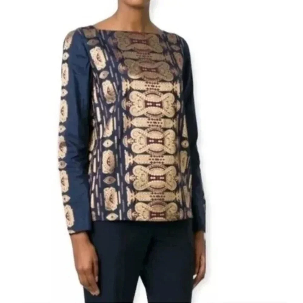 Tory Burch Metallic Jacquard Blouse Tunic Top Gold Navy 4